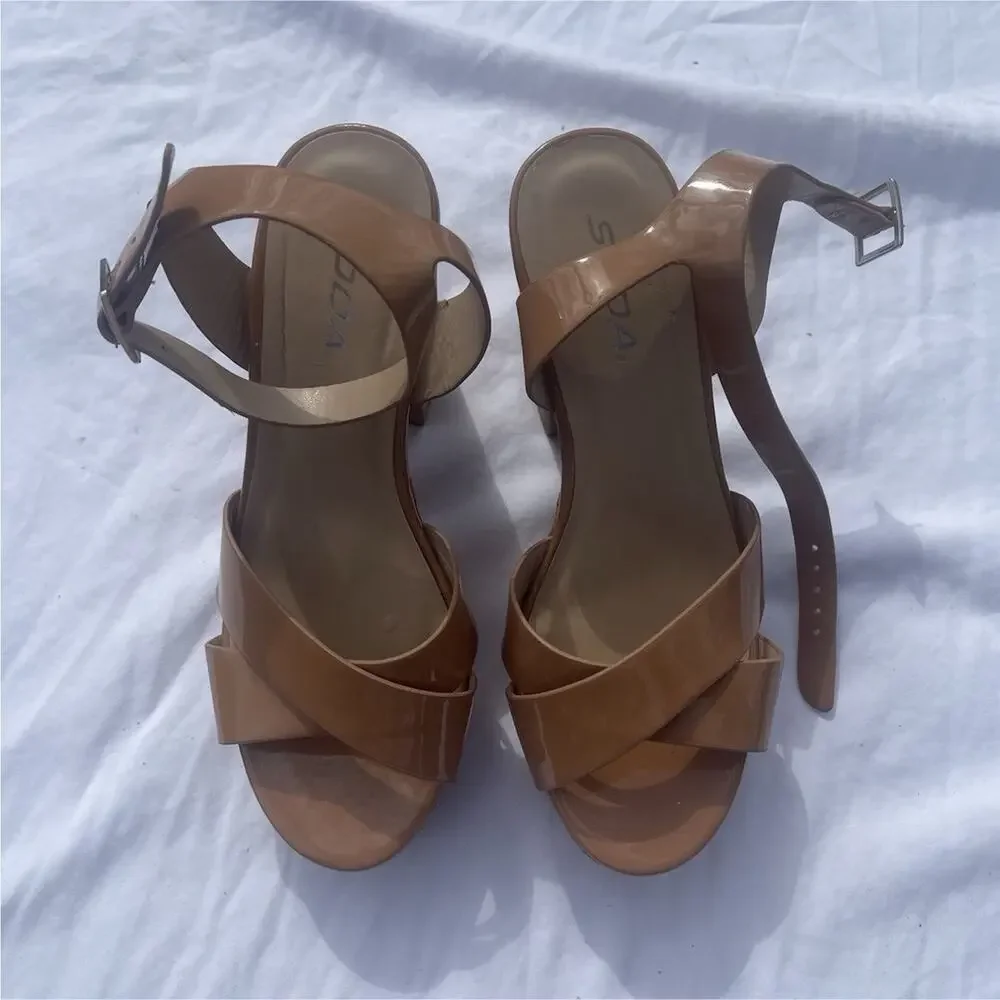 SODA Beige Patent‎ Leather Strappy Block Heel Sandals Ankle Strap Cork